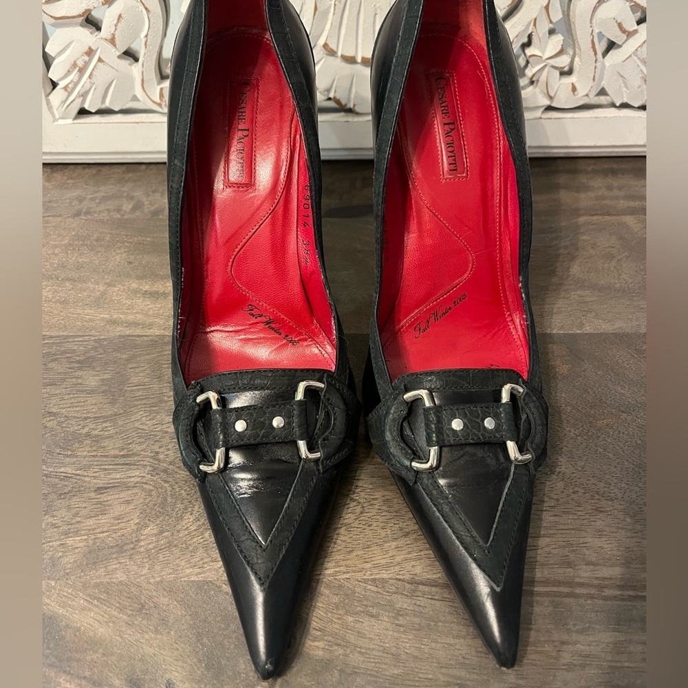 Cesare Paciotti Leather & Suede Pointy Stilettos with silver hardware. 38.5